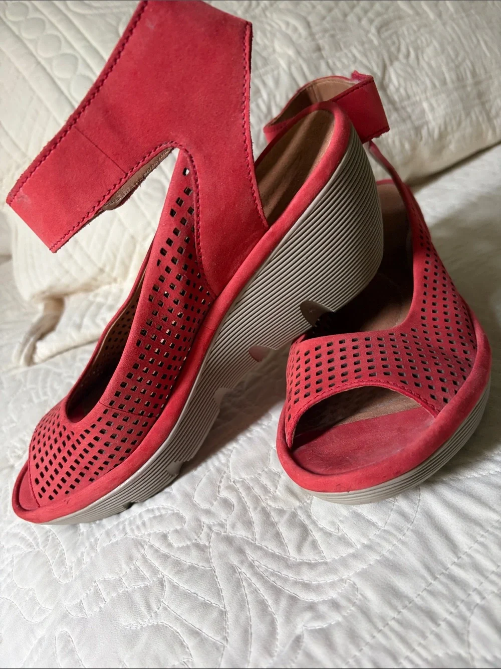 Women’s Red Suede Perforated Peep-Toe Ankle Strap Wedges